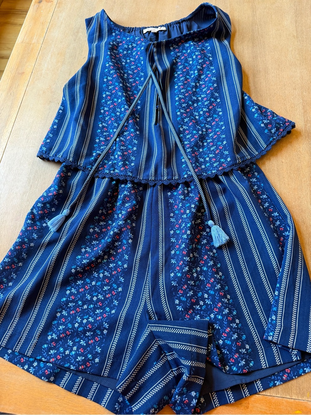 Skies Are Blue Navy Floral Stripe Sleeveless Romper